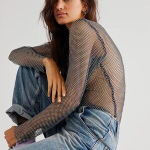 NWOT Free People Filter Finish Crystal Mesh Long Sleeve Top Blue